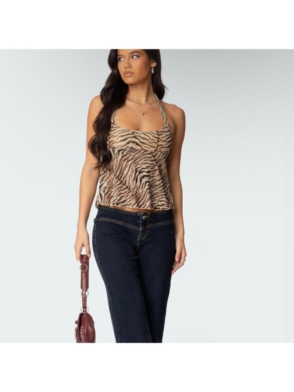 EDIKTED Tiger Print Mesh Halter TopSize smallLike...